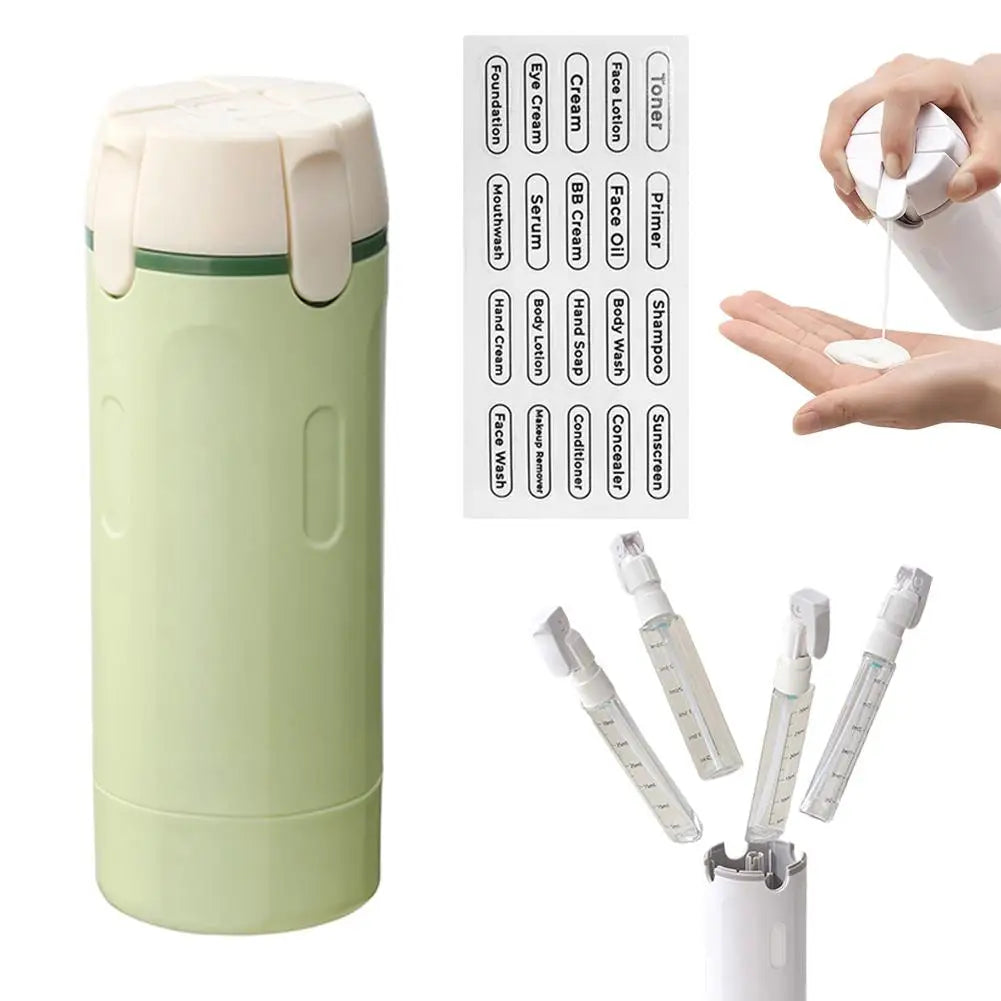 Travel Split Bottle 4-in-1 wash container with compartments for shampoo and cosmetics.
