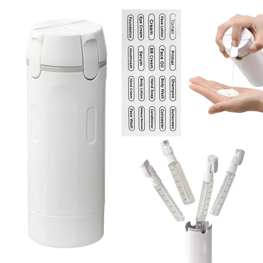 Travel Split Bottle showcasing a 4-in-1 wash solution with labels for easy organization of cosmetics and shampoo.