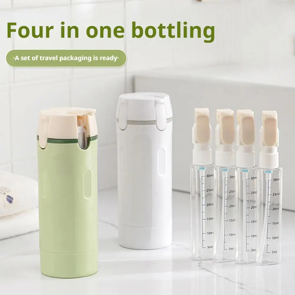 Travel Split Bottle showcasing four compartments for shampoo and cosmetics, ideal for travel and organization.