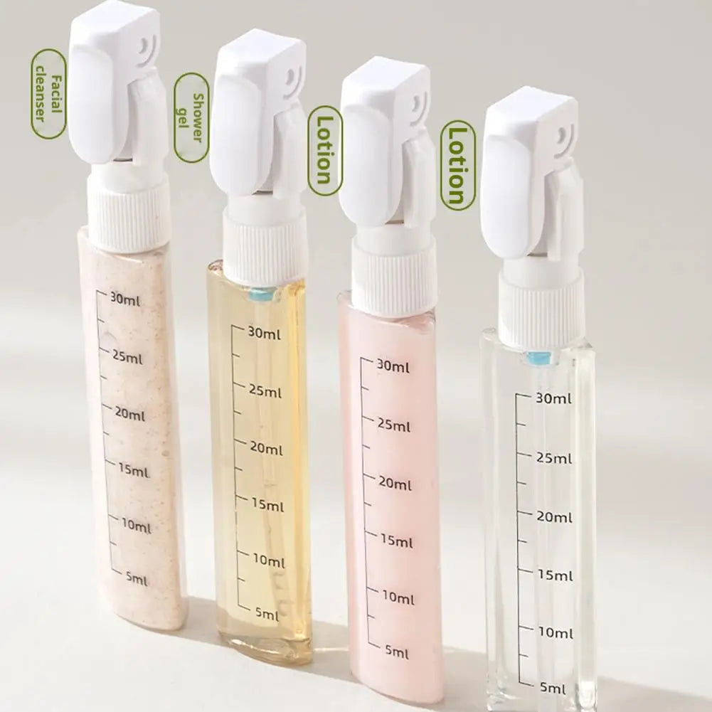Travel Split Bottle four portable containers for facial cleaner, lotion, and shower gel.