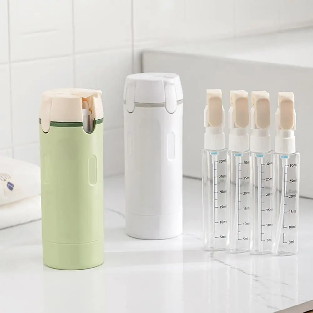 Travel Split Bottle displayed with portable cosmetic containers, ideal for organizing toiletries.
